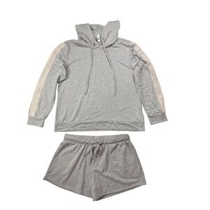 Flora by Flora Nikrooz Grey Lace Trim Hoodie‎ Lounge Set Shorts Pajamas L 14/16